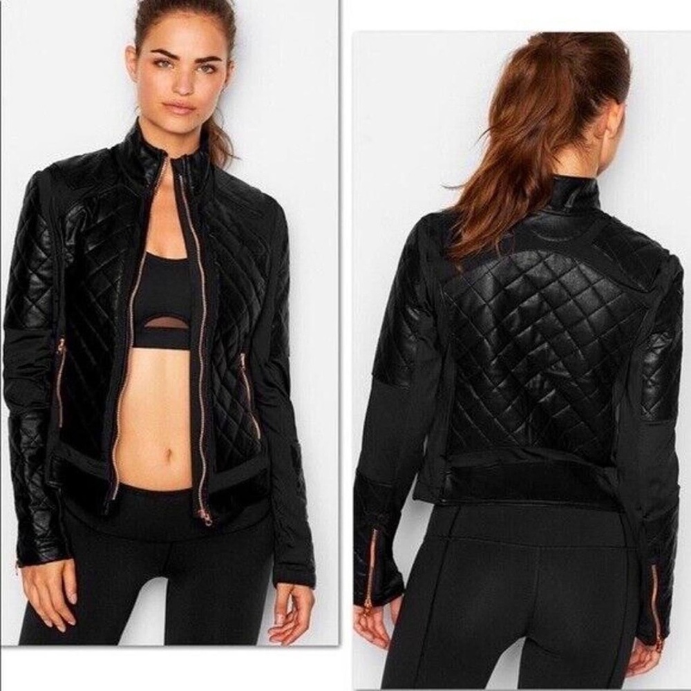 Victoria Secret Sport Women's Black Quilted Biker Jacket. Faux letter. Size S